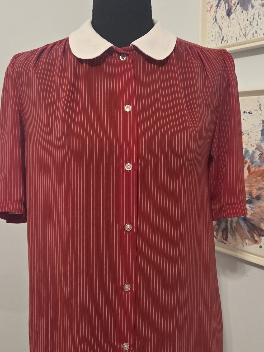 Classic Red Pinstripe Button-Down with Cream Peter Pan Collar
